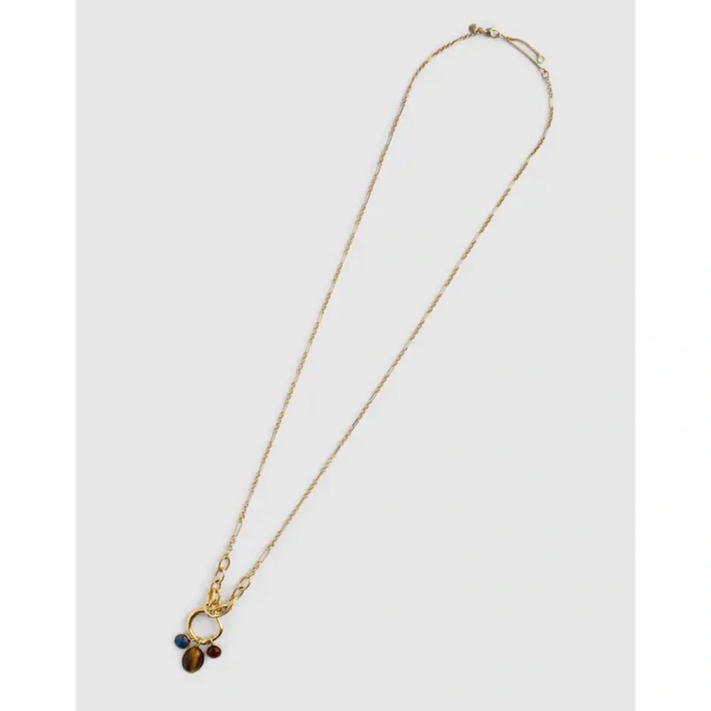 $88 NWT Madewell Semiprecious Tiger's Eye Lapis Stone Gold Chain Charm Necklace - Picture 2 of 12